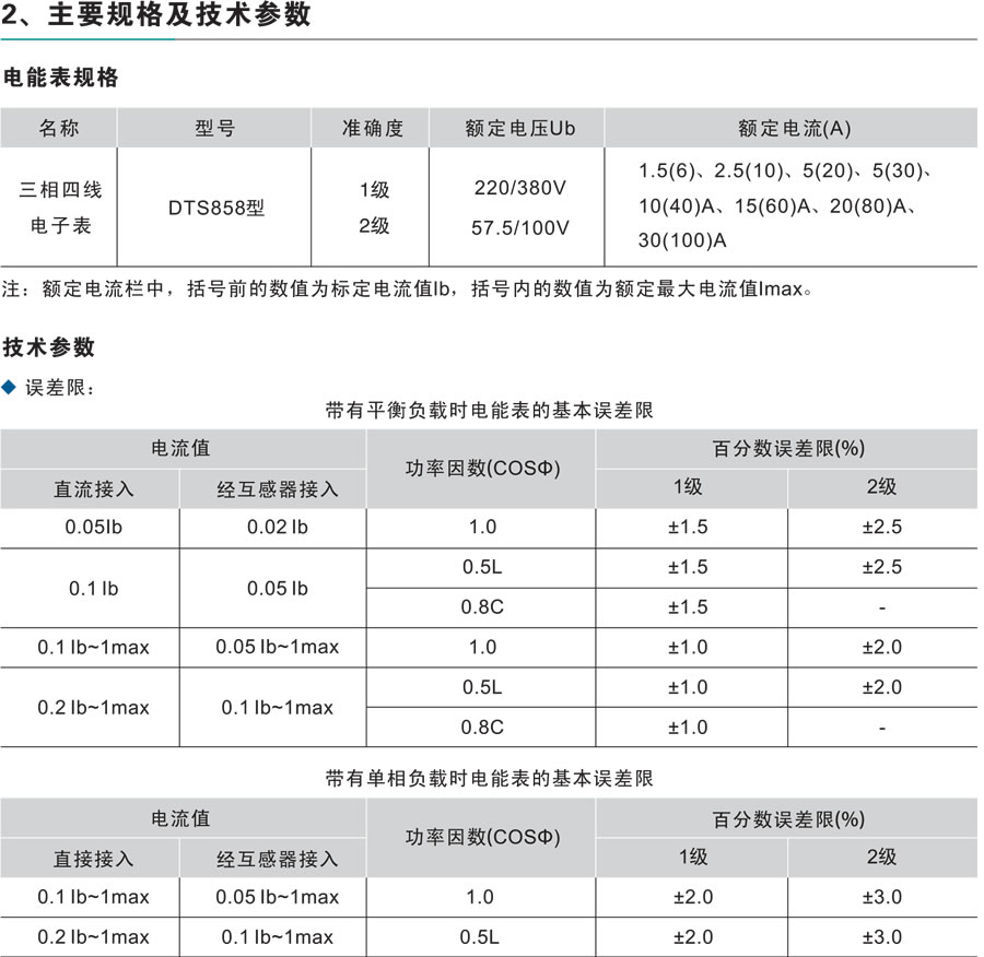 DTS858型三相四线导轨电子式电能表系我公司采用微电子技术计量电能:采用进口专用大规模集成电路,应用数字采样处理技术及SMT工艺等先进技术研制开发的新型三项全能电子式电能表。该电能表完全符合GB/T17215.321-2008国家标准和IEC62053-21国际标准中1级三相有功电能表的相关技术要求;能直接精确地测量电能计量中正向有功电能,7位LCD显示器显示有功用电量,具有可靠性好、体积小、重量轻、外表美观、工艺先进、35mmDIN标准导轨式安装等特点:并具有良好的抗电磁干扰、低自耗节电、高精度、高过